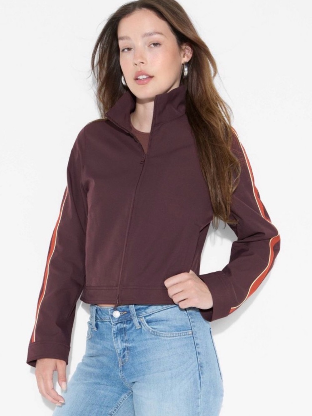 Wild Fable Brown Zip Jacket Striped Sleeve Pockets Lightweight Women's XS